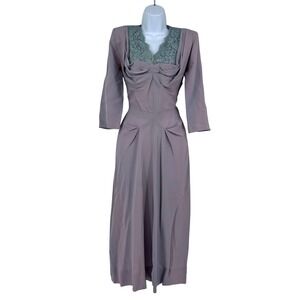Vintage 1940s Lavender Crepe Midi Dress Lace Inset Draped Bodice Purple